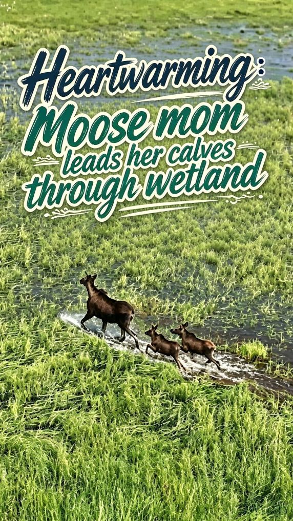 Moose mom leads her calves through wetland in N China's Inner Mongolia