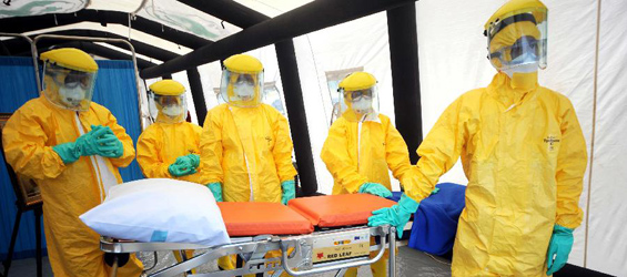 Medical workers exercise on Ebola prevention in Indonesia