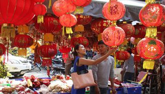 People buy Lunar New Year decorations in Phnom Penh, Cambodia